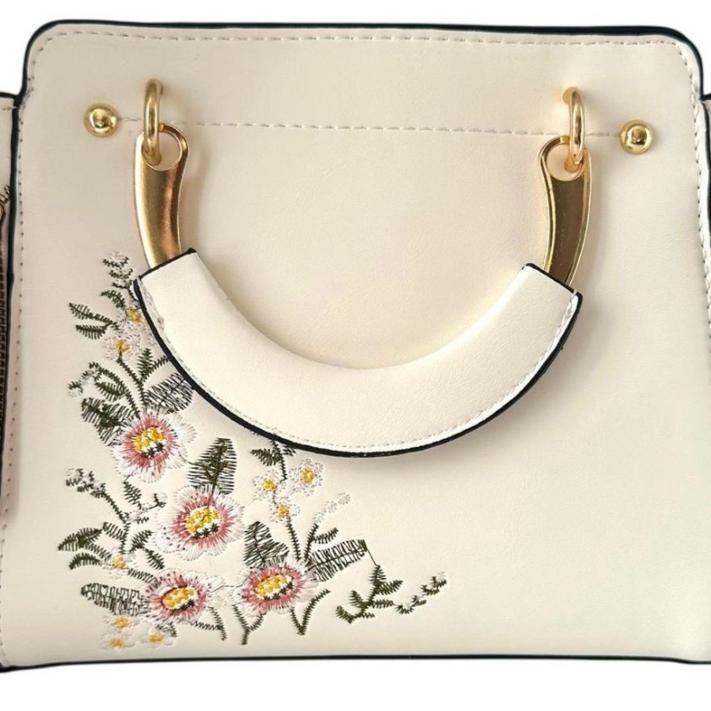 Cream Floral Embroidered Structured Satchel Crossbody Bag Cat Coin Purse Charm - Picture 9 of 15